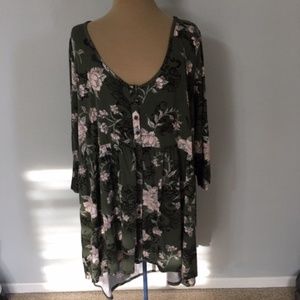 Olive Floral Print Baby Doll Top